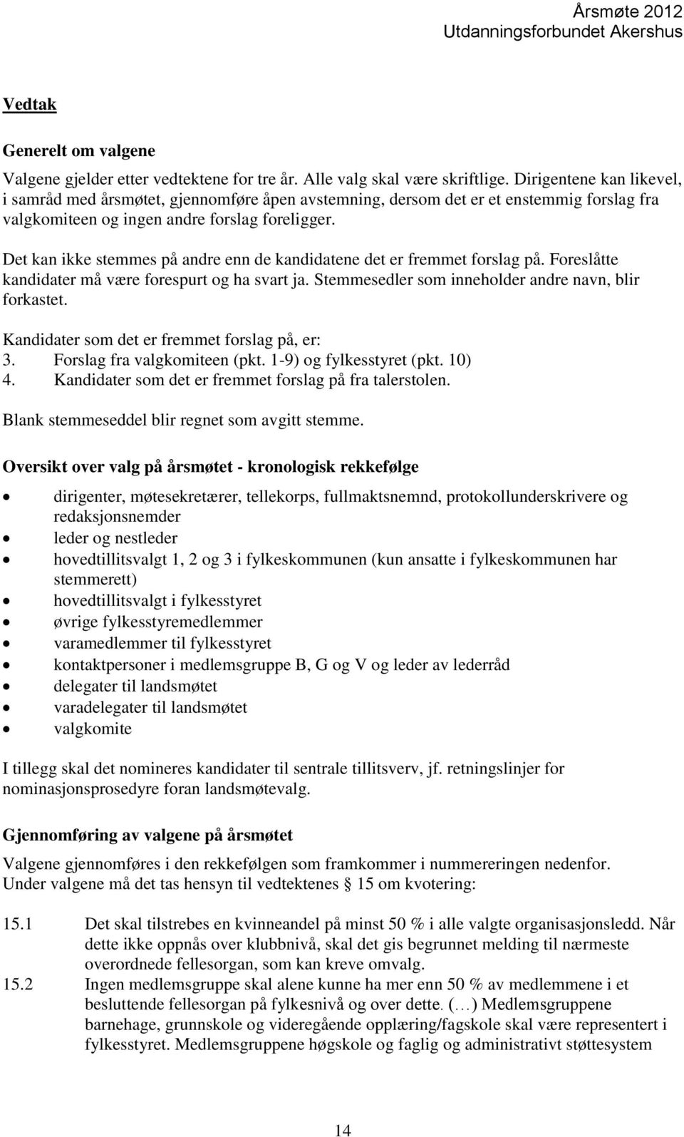 Det kan ikke stemmes på andre enn de kandidatene det er fremmet forslag på. Foreslåtte kandidater må være forespurt og ha svart ja. Stemmesedler som inneholder andre navn, blir forkastet.