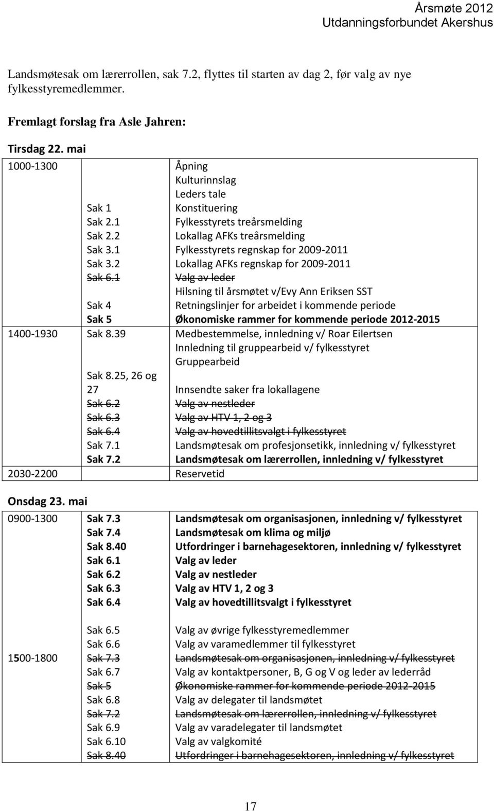 2 2030-2200 Reservetid Åpning Kulturinnslag Leders tale Konstituering Fylkesstyrets treårsmelding Lokallag AFKs treårsmelding Fylkesstyrets regnskap for 2009-2011 Lokallag AFKs regnskap for 2009-2011