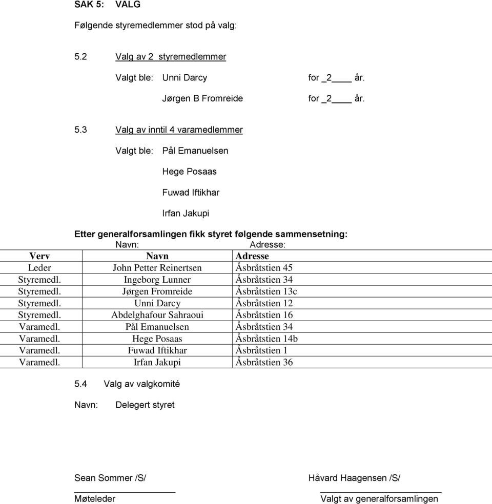 2 Valg av 2 styremedlemmer Valgt ble: Unni Darcy Jørgen B Fromreide for _2 år. for _2 år. 5.