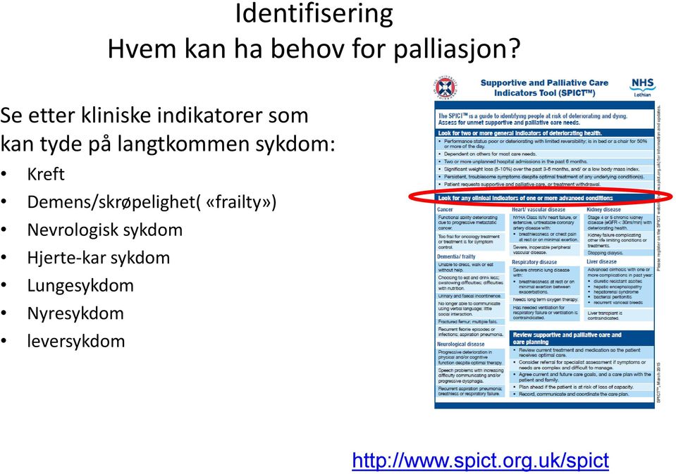 sykdom: Kreft Demens/skrøpelighet( «frailty») Nevrologisk