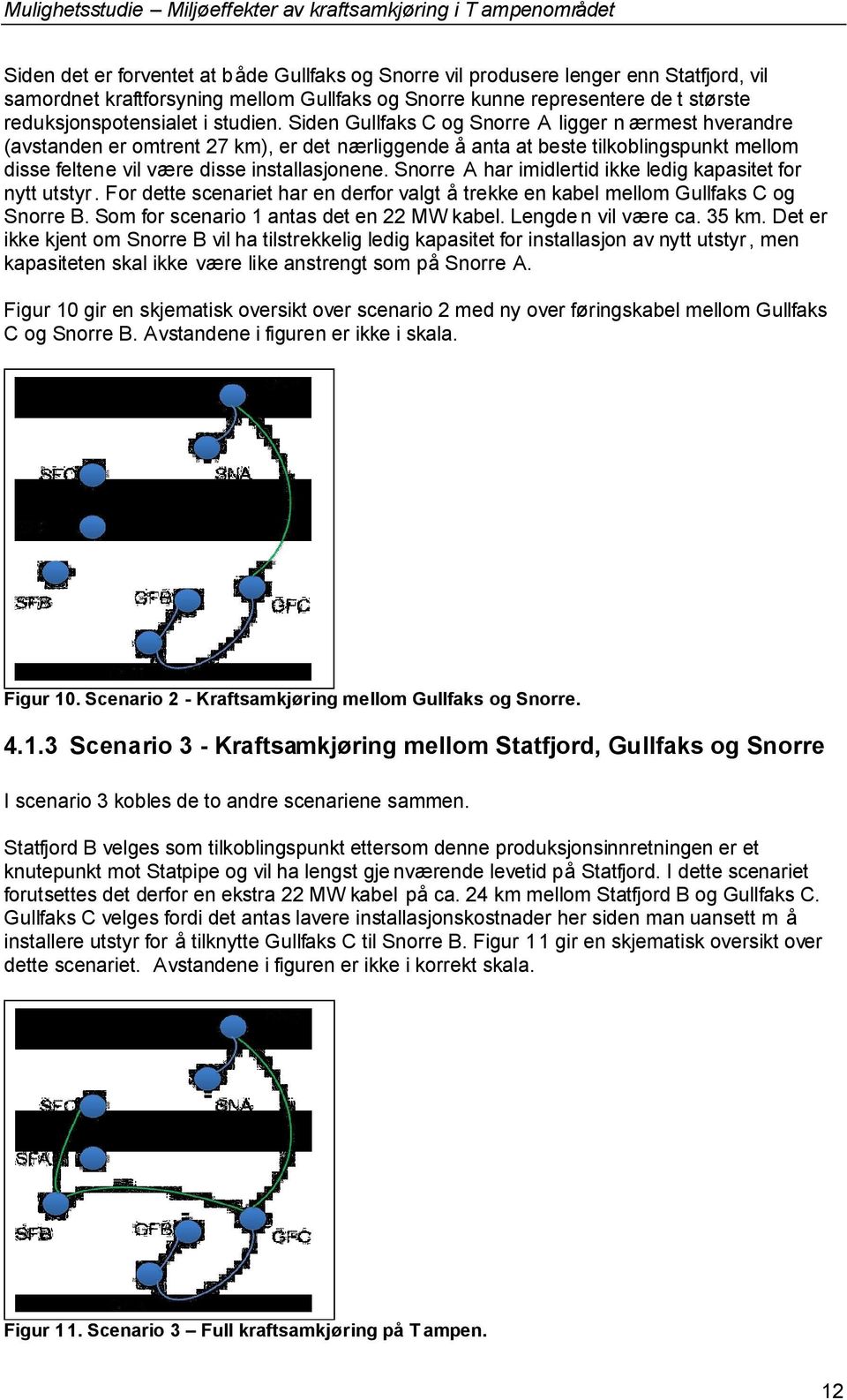 Snorre A har imidlertid ikke ledig kapasitetfor nytt utstyr. For dette scenariet har en derfor valgt å trekke en kabel mellom Gullfaks C og Snorre B. Som for scenario 1 antas det en 22 MW kabel.