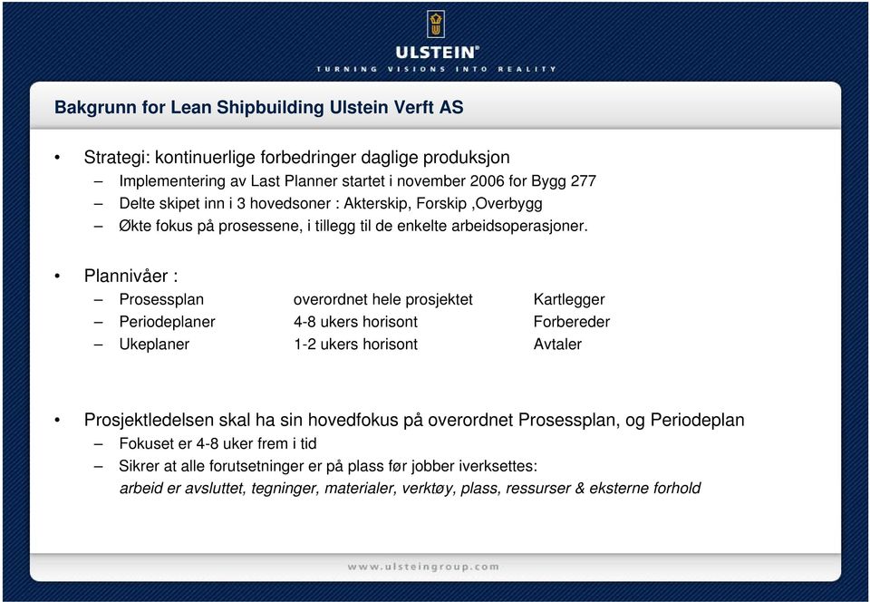 Plannivåer : Prosessplan overordnet hele prosjektet Kartlegger Periodeplaner 4-8 ukers horisont Forbereder Ukeplaner 1-2 ukers horisont Avtaler Prosjektledelsen skal ha sin