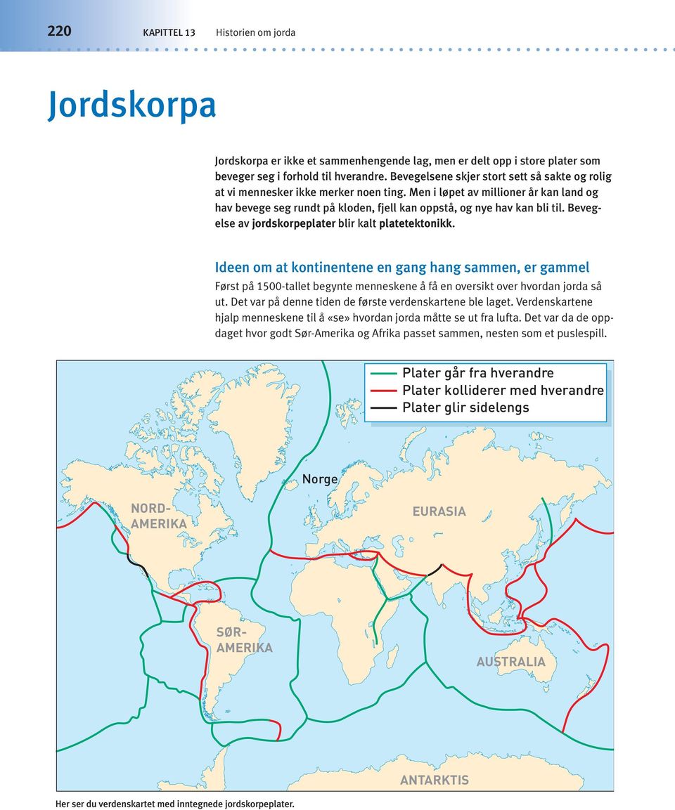 Bevegelse av jordskorpeplater blir kalt platetektonikk. Ideen om at kontinentene en gang hang sammen, er gammel Først på 1500-tallet begynte menneskene å få en oversikt over hvordan jorda så ut.