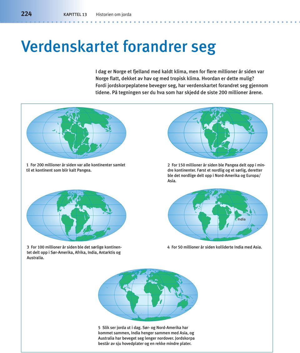 1 For 200 millioner år siden var alle kontinenter samlet til et kontinent som blir kalt Pangea. 2 For 150 millioner år siden ble Pangea delt opp i mindre kontinenter.