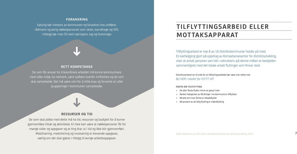 samarbeide. Det må være rom for å stille krav og forvente at ulike grupperinger i kommunen samarbeider. Tilflyttingsarbeid er noe 8 av 10 distriktskommuner holder på med.