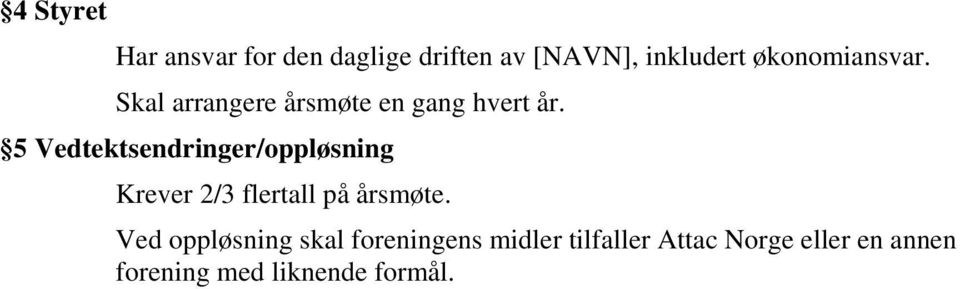 5 Vedtektsendringer/oppløsning Krever 2/3 flertall på årsmøte.