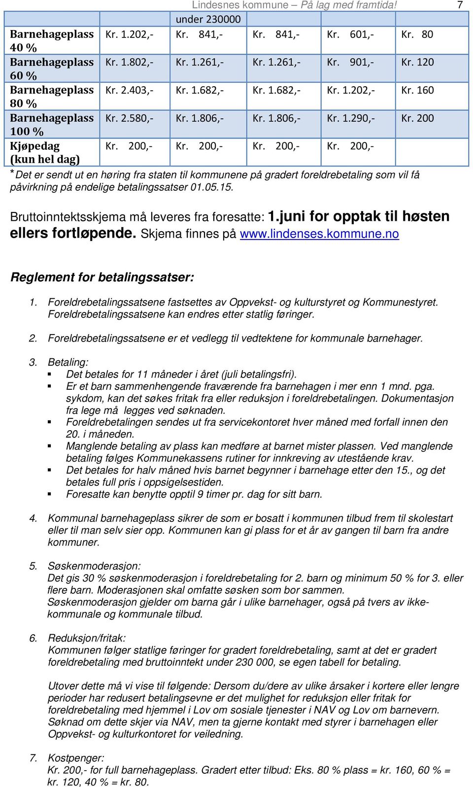 200,- Kr. 200,- Kr. 200,- *Det er sendt ut en høring fra staten til kommunene på gradert foreldrebetaling som vil få påvirkning på endelige betalingssatser 01.05.15.