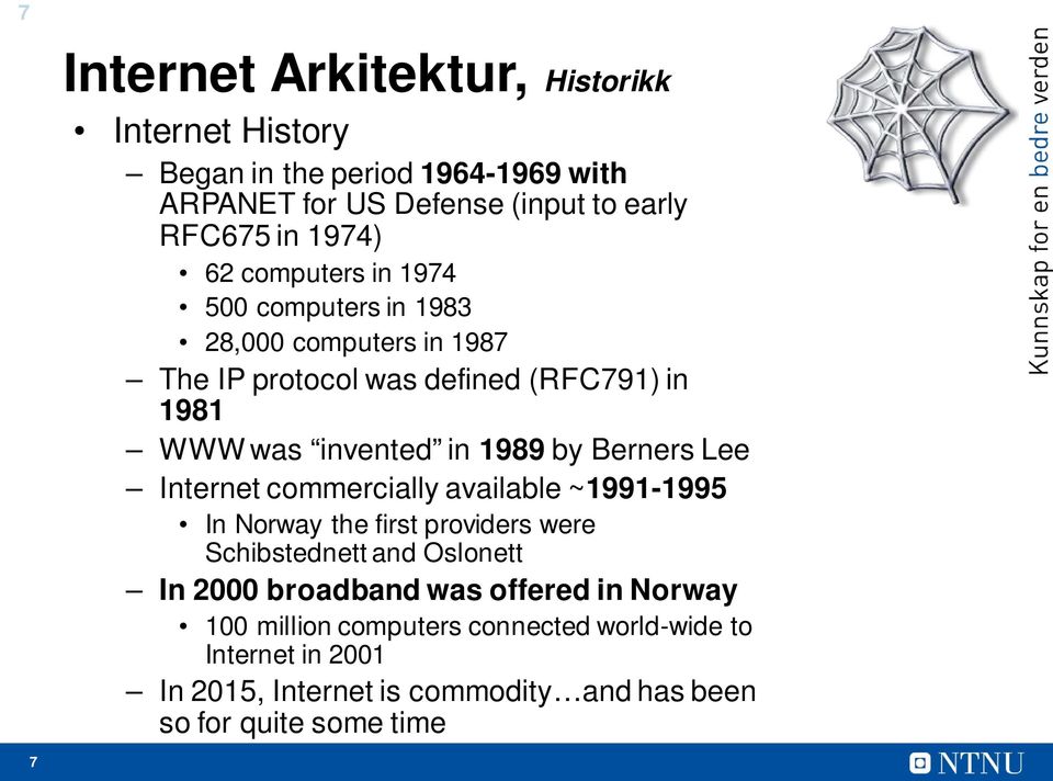 Berners Lee Internet commercially available ~1991-1995 In Norway the first providers were Schibstednett and Oslonett In 2000 broadband was