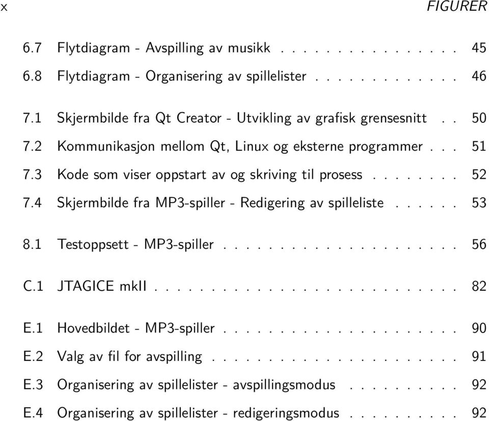 3 Kode som viser oppstart av og skriving til prosess........ 52 7.4 Skjermbilde fra MP3-spiller - Redigering av spilleliste...... 53 8.1 Testoppsett - MP3-spiller..................... 56 C.