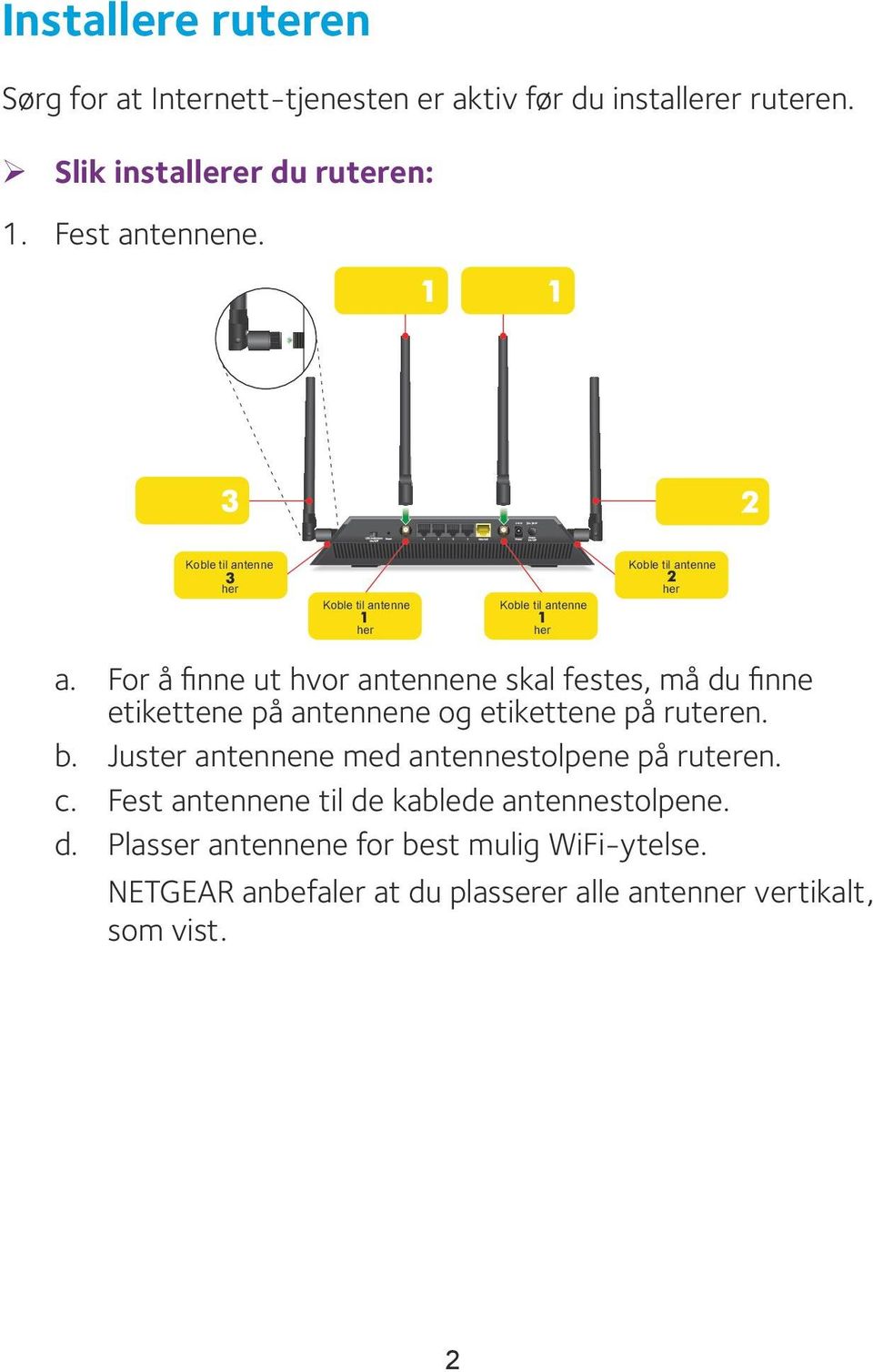 For å finne ut hvor antennene skal festes, må du finne etikettene på antennene og etikettene på ruteren. b.