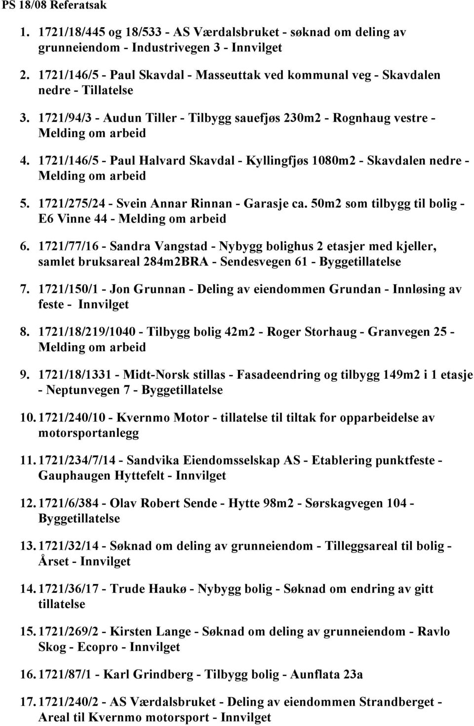 1721/146/5 - Paul Halvard Skavdal - Kyllingfjøs 1080m2 - Skavdalen nedre - Melding om arbeid 5. 1721/275/24 - Svein Annar Rinnan - Garasje ca.