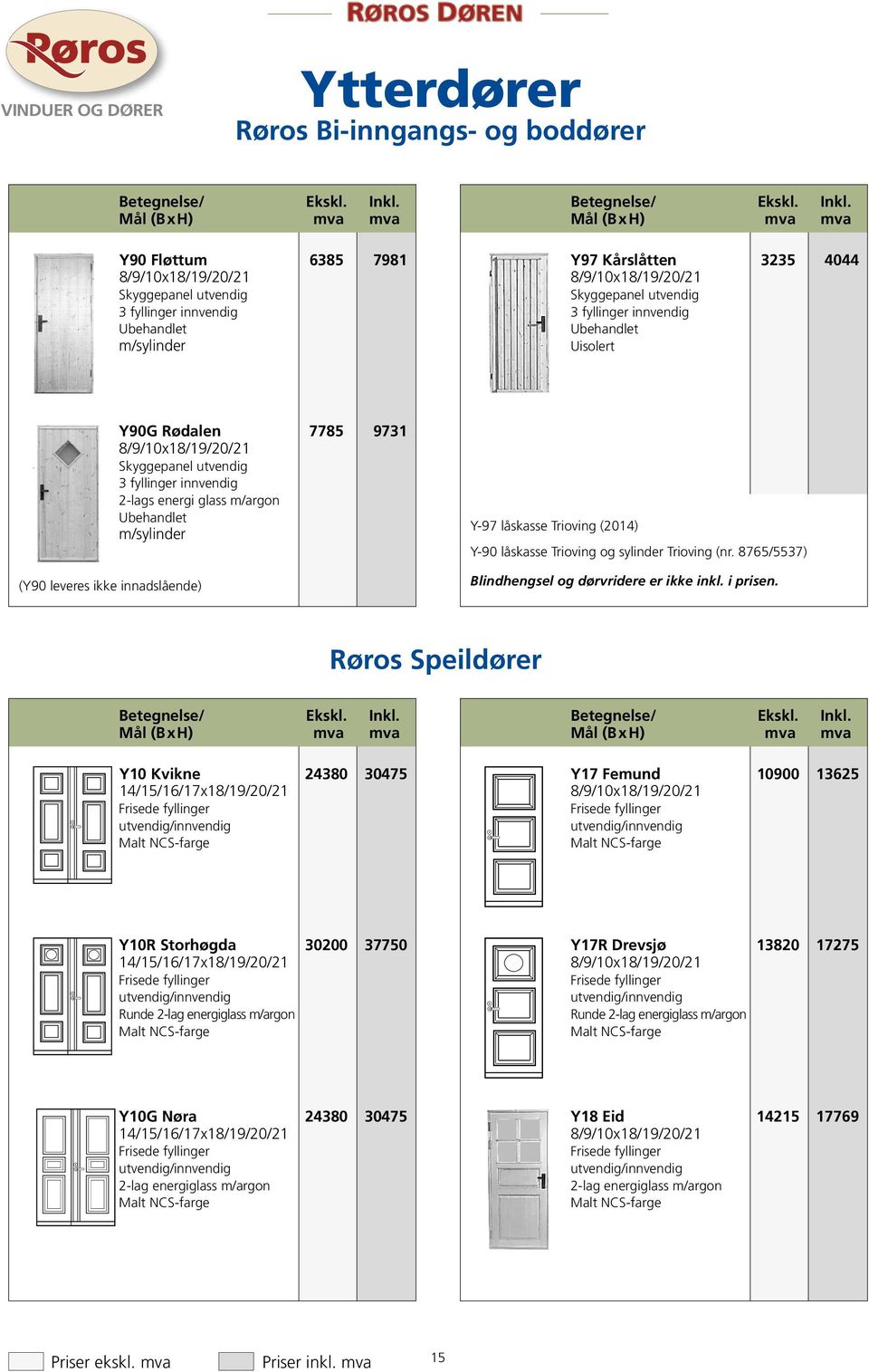 mål (BxH) mva mva y97 Kårslåtten 3235 4044 Skyggepanel utvendig 3 fyllinger innvendig Ubehandlet Uisolert (Y90 leveres ikke innadslående) Y90G Rødalen 7785 9731 Skyggepanel utvendig 3 fyllinger