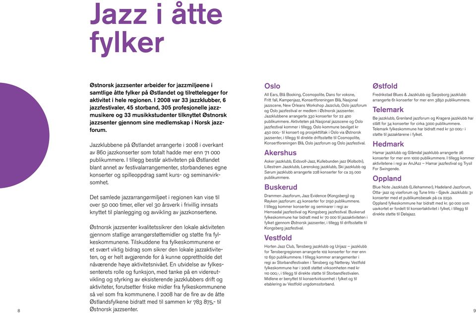 Jazzklubbene på Østlandet arrangerte i 2008 i overkant av 860 jazzkonserter som totalt hadde mer enn 71 000 publikummere.