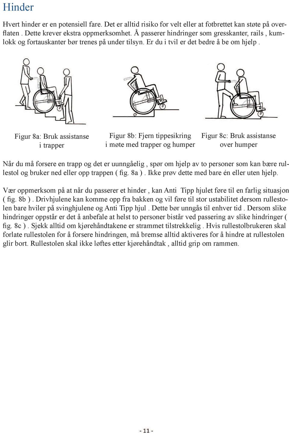 Figur 8a: Bruk assistanse i trapper Figur 8b: Fjern tippesikring i møte med trapper og humper Figur 8c: Bruk assistanse over humper Når du må forsere en trapp og det er uunngåelig, spør om hjelp av