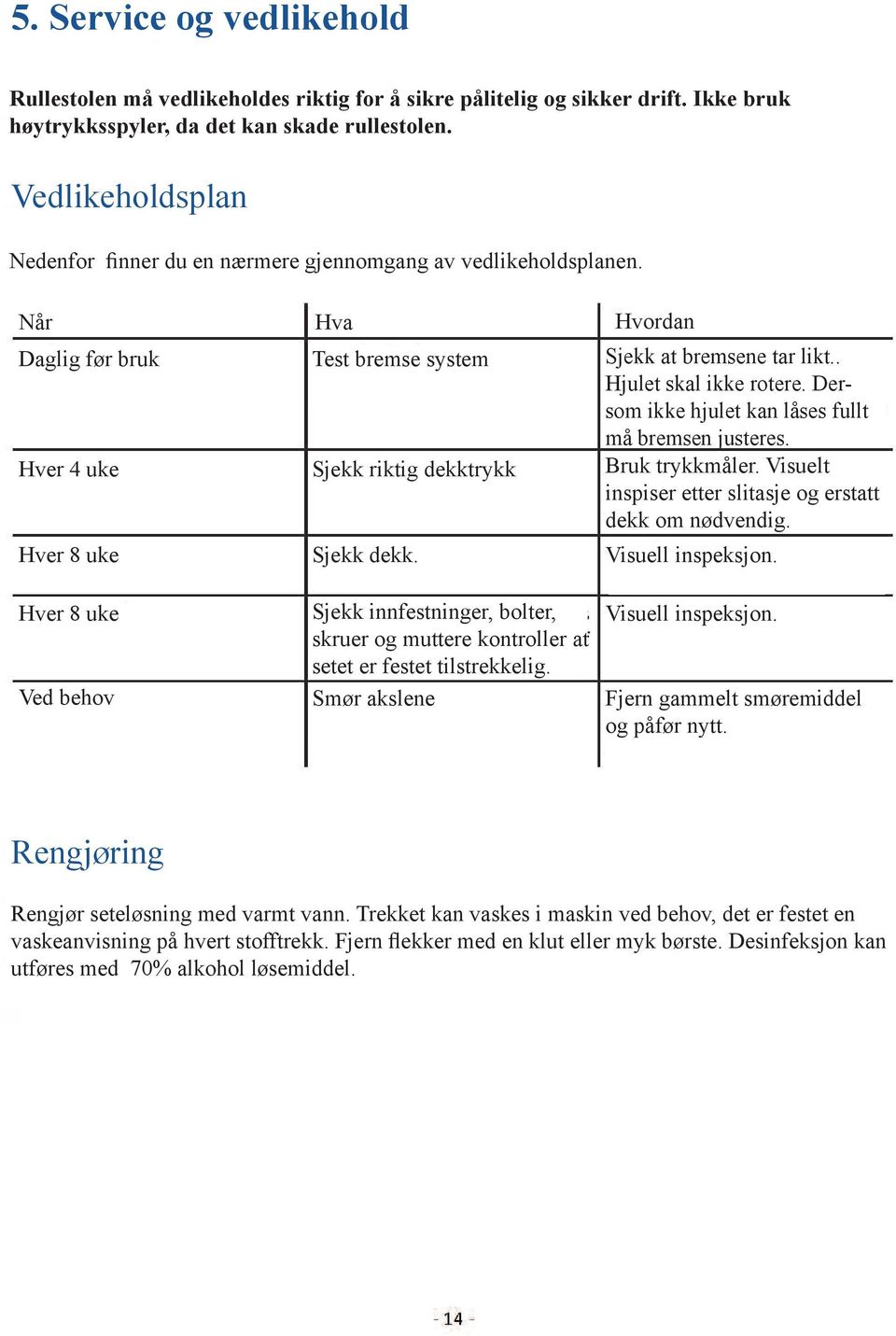 Når Daglig før bruk Hver 4 uke Hver 8 uke Hver 8 uke Ved behov Hva Test bremse system Sjekk riktig dekktrykk Sjekk dekk.