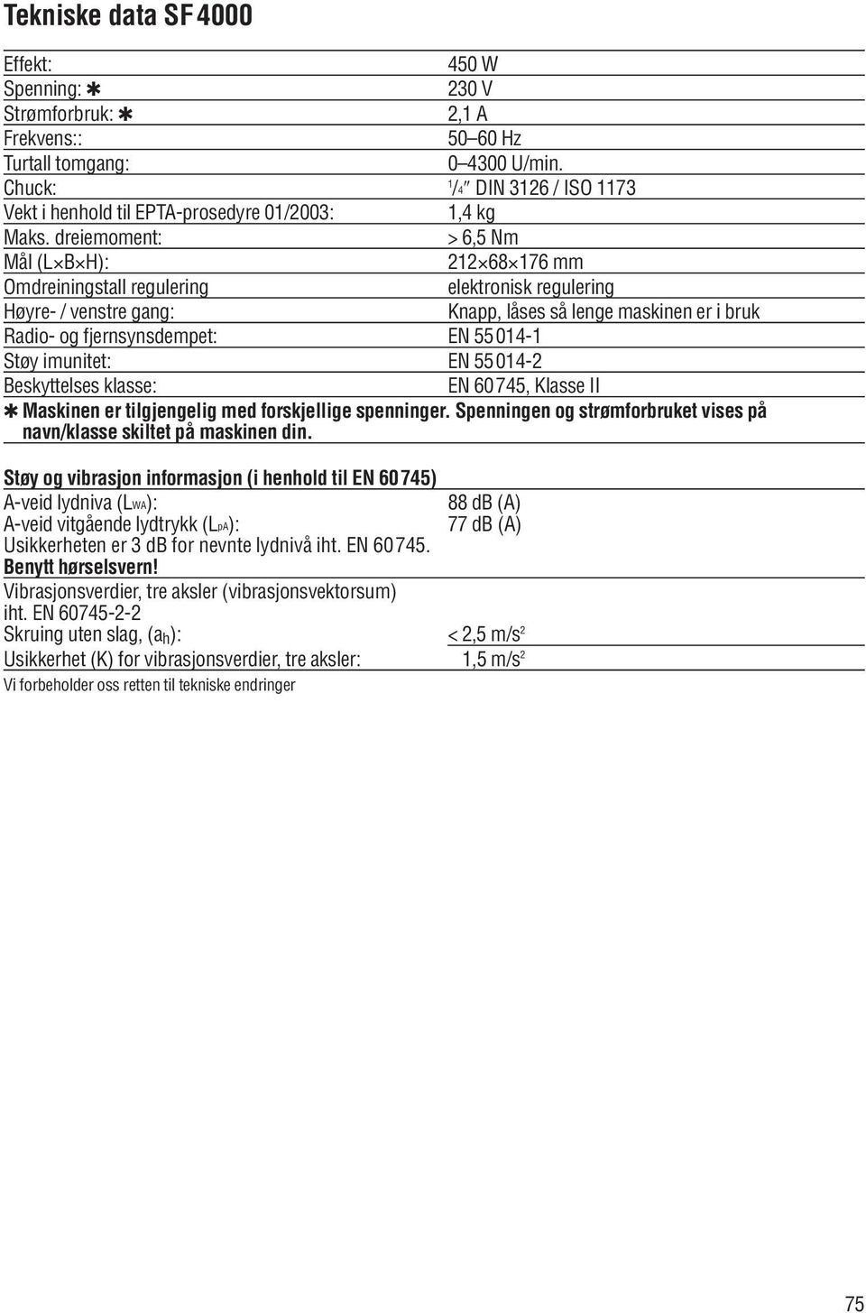 dreiemoment: > 6,5 Nm Mål (L B H): 212 68 176 mm Omdreiningstall regulering elektronisk regulering Høyre- / venstre gang: Knapp, låses så lenge maskinen er i bruk Radio- og fjernsynsdempet: EN