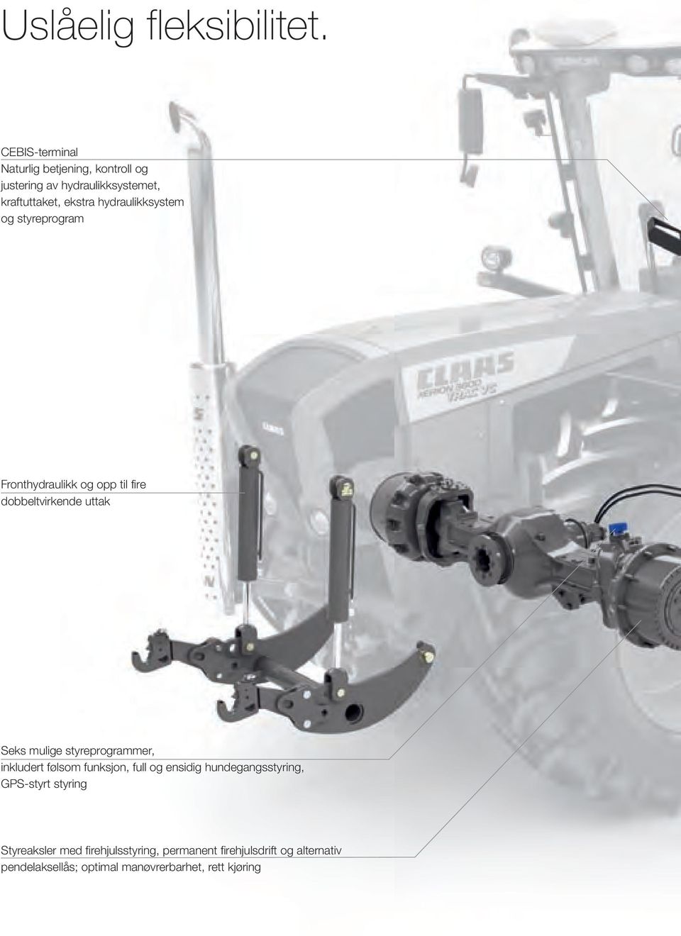 hydraulikksystem og styreprogram Fronthydraulikk og opp til fire dobbeltvirkende uttak Seks mulige