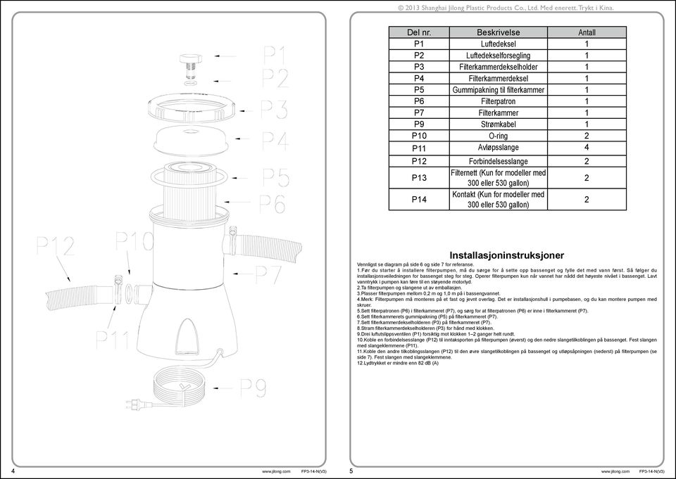 Strømkabel 1 P10 O-ring 2 P11 Avløpsslange 4 P12 Forbindelsesslange 2 P13 Filternett (Kun for modeller med 300 eller 530 gallon) 2 P14 Kontakt (Kun for modeller med 300 eller 530 gallon) 2