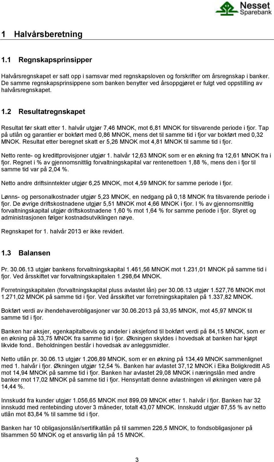 halvår utgjør 7,46 MNOK, mot 6,81 MNOK for tilsvarende periode i fjor. Tap på utlån og garantier er bokført med 0,86 MNOK, mens det til samme tid i fjor var bokført med 0,32 MNOK.