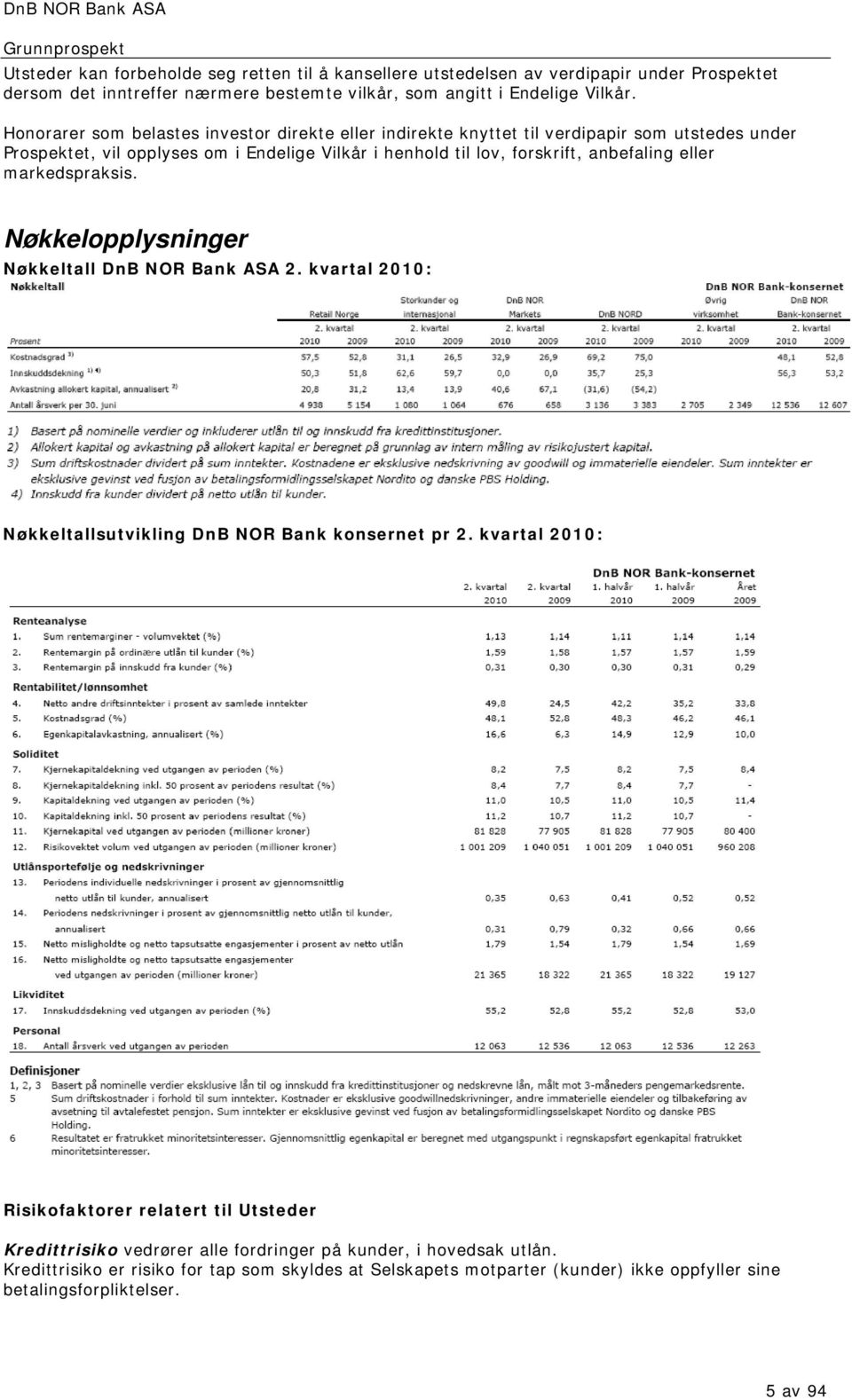 eller markedspraksis. Nøkkelopplysninger Nøkkeltall DnB NOR Bank ASA 2. kvartal 2010: Nøkkeltallsutvikling DnB NOR Bank konsernet pr 2.