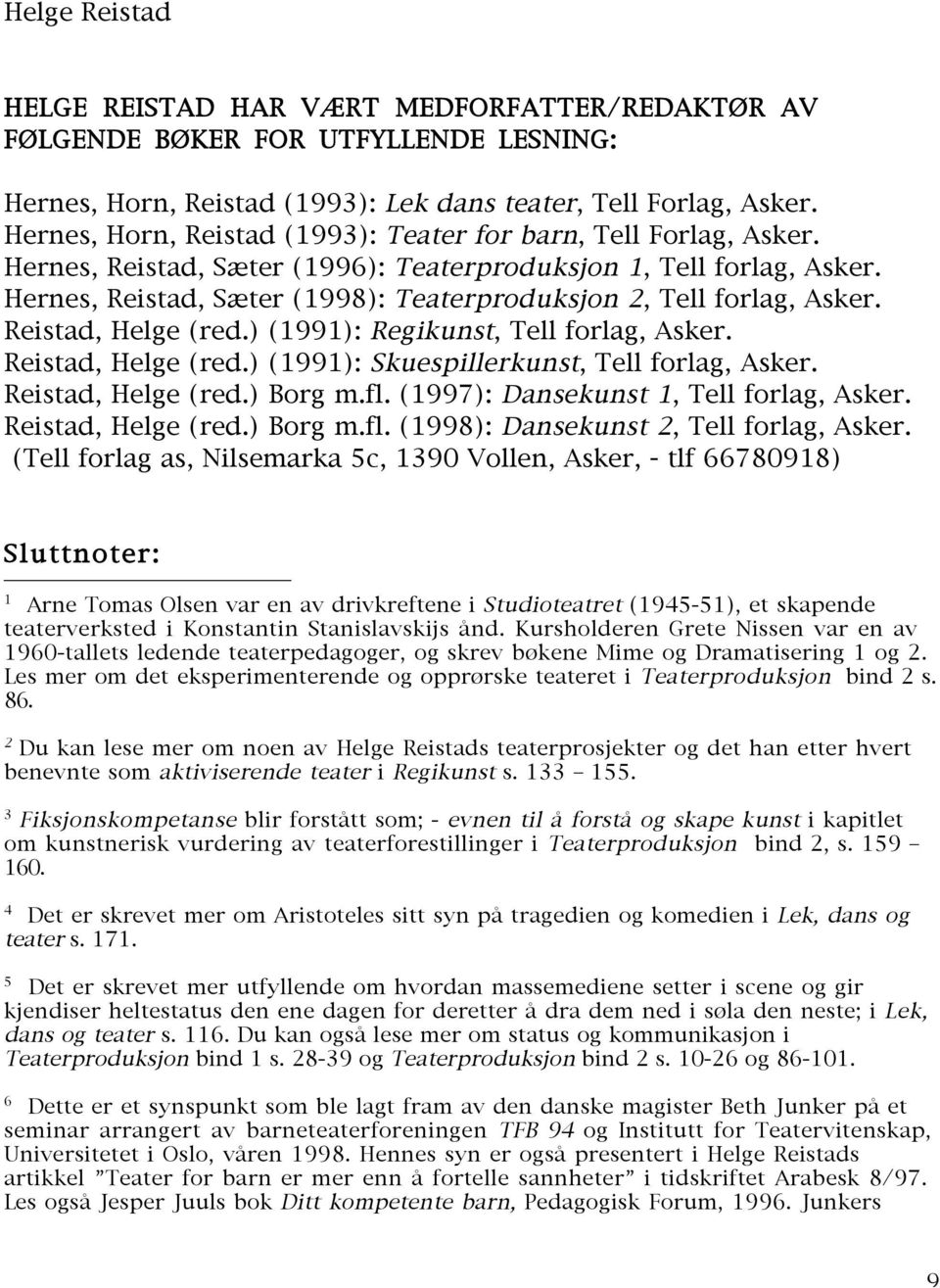 Hernes, Reistad, Sæter (1998): Teaterproduksjon 2, Tell forlag, Asker. Reistad, Helge (red.) (1991): Regikunst, Tell forlag, Asker. Reistad, Helge (red.) (1991): Skuespillerkunst, Tell forlag, Asker.