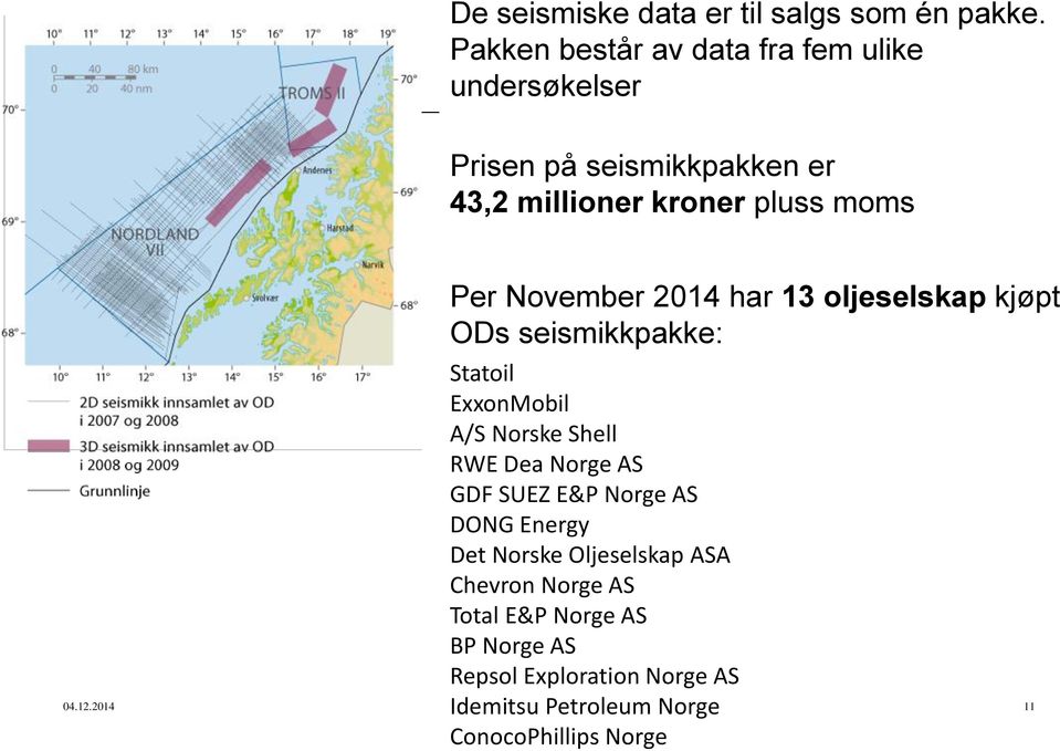 November 2014 har 13 oljeselskap kjøpt ODs seismikkpakke: Statoil ExxonMobil A/S Norske Shell RWE Dea Norge AS GDF