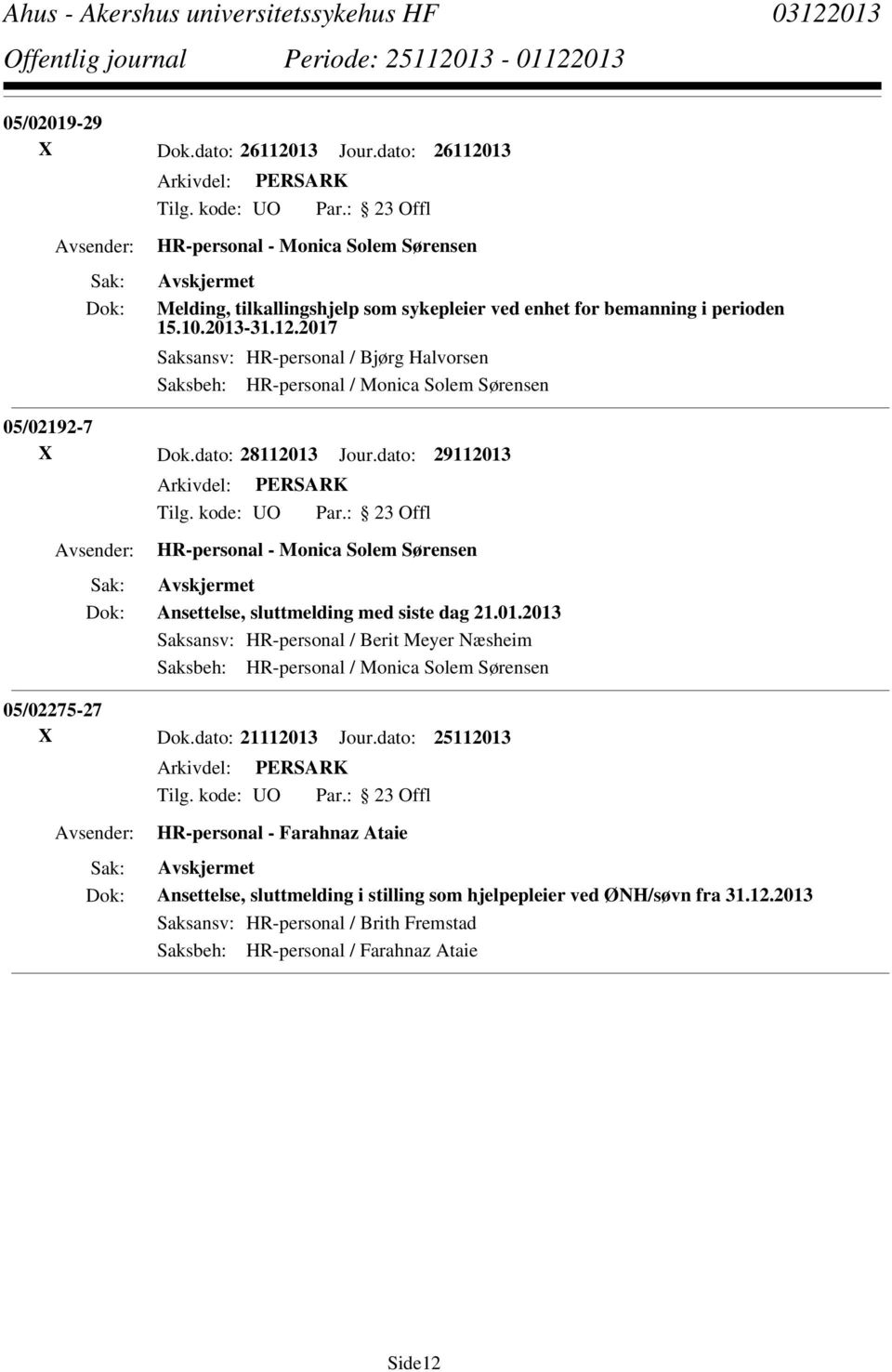 dato: 21112013 Jour.dato: 25112013 HR-personal - Farahnaz Ataie Ansettelse, sluttmelding i stilling som hjelpepleier ved ØNH/søvn fra 31.12.2013 Saksansv: HR-personal / Brith Fremstad Saksbeh: HR-personal / Farahnaz Ataie Side12