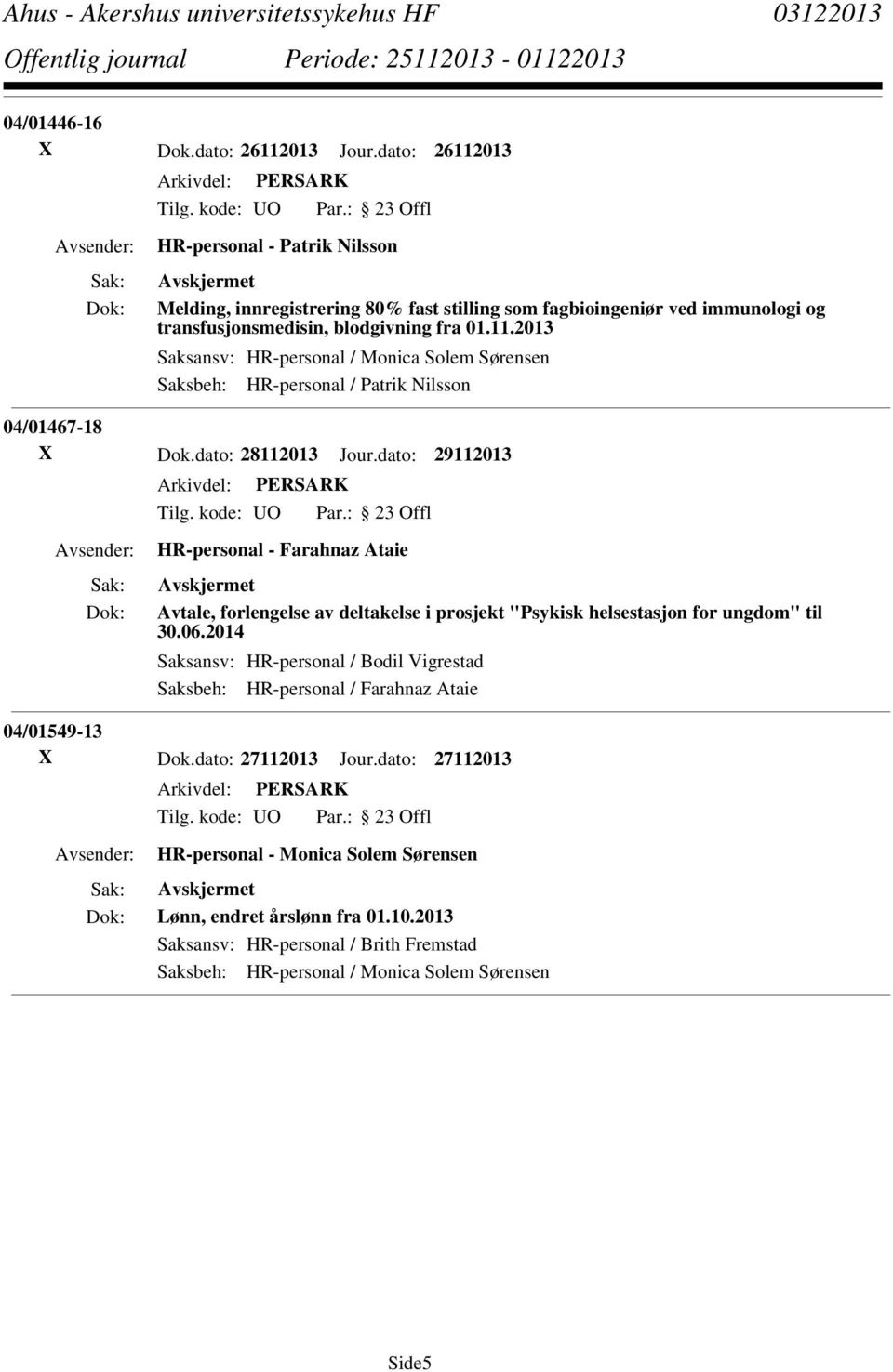 dato: 28112013 Jour.dato: 29112013 HR-personal - Farahnaz Ataie Avtale, forlengelse av deltakelse i prosjekt "Psykisk helsestasjon for ungdom" til 30.06.