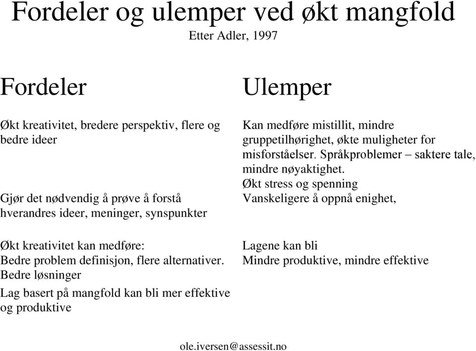 Bedre løsninger Lag basert på mangfold kan bli mer effektive og produktive Ulemper Kan medføre mistillit, mindre gruppetilhørighet, økte muligheter