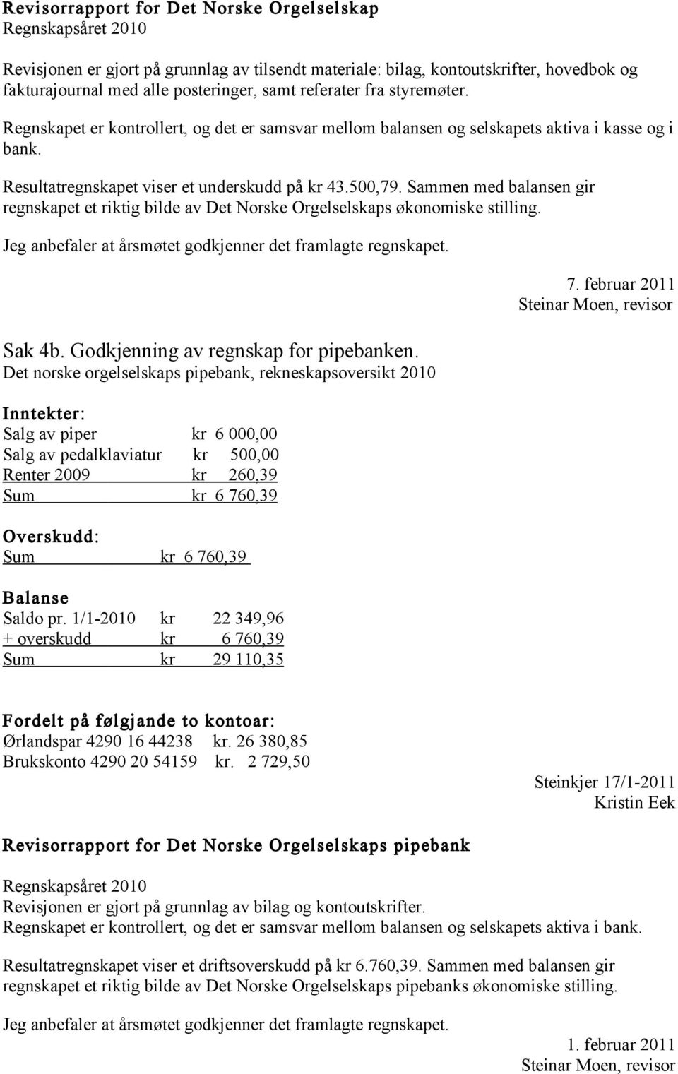 Sammen med balansen gir regnskapet et riktig bilde av Det Norske Orgelselskaps økonomiske stilling. Jeg anbefaler at årsmøtet godkjenner det framlagte regnskapet. Sak 4b.