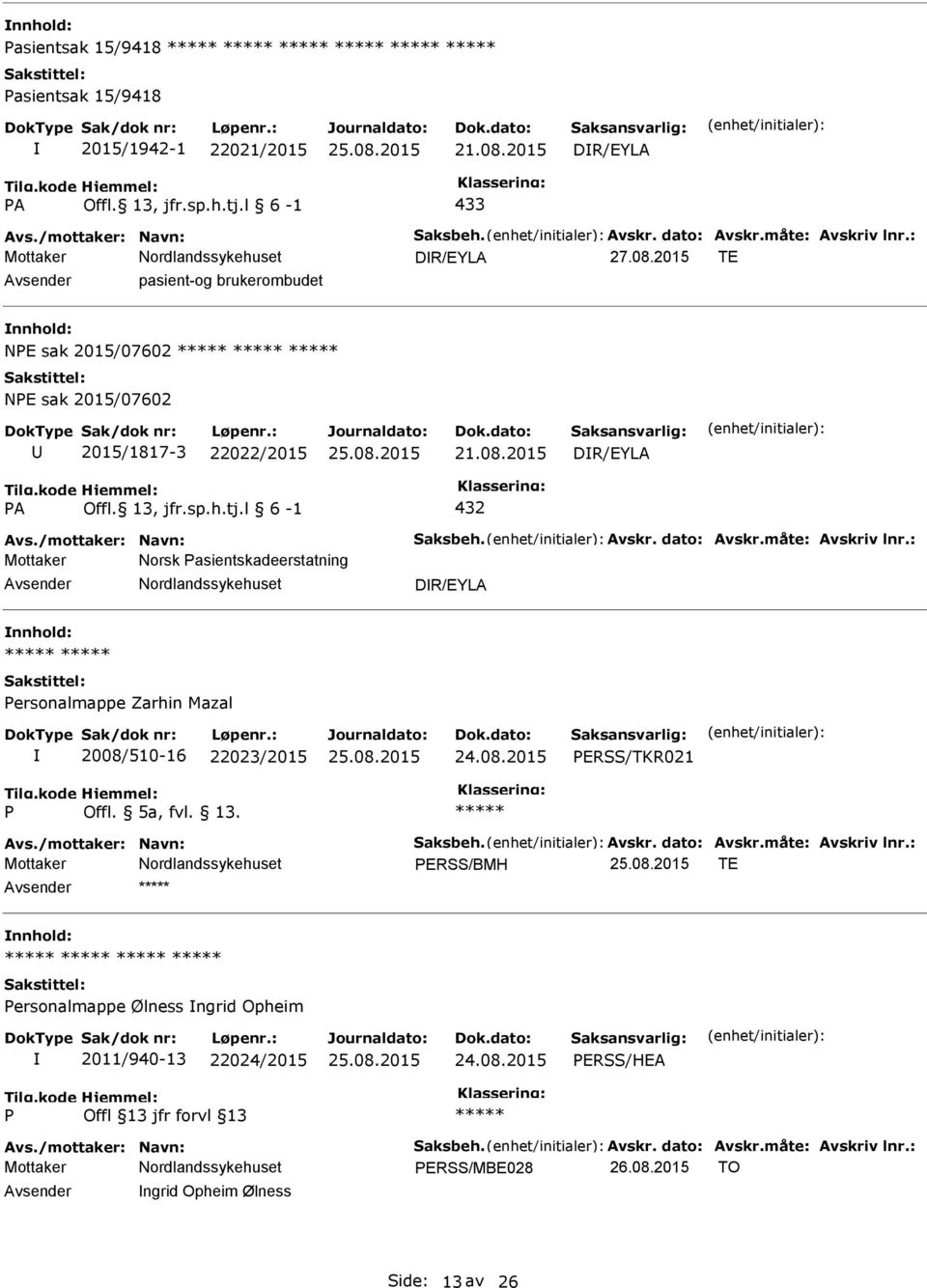 l 6-1 432 Mottaker Norsk asientskadeerstatning DR/EYLA ersonalmappe Zarhin Mazal 2008/510-16 22023/2015 ERSS/TKR021 Offl.