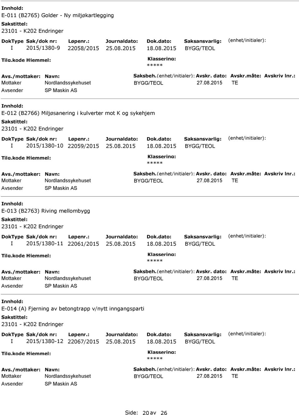 2015 TE S Maskin AS E-012 (B2766) Miljøsanering i kulverter mot K og sykehjem 23101 - K202 Endringer 2015/1380-10 22059/2015 18.08.