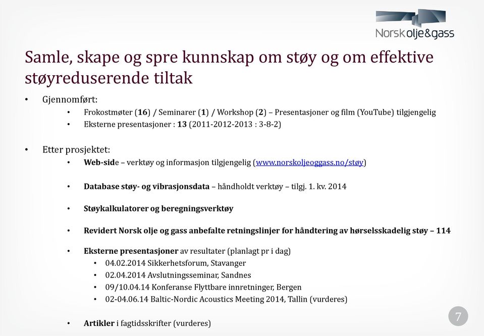 2014 Støykalkulatorer og beregningsverktøy Revidert Norsk olje og gass anbefalte retningslinjer for håndtering av hørselsskadelig støy 114 Eksterne presentasjoner av resultater (planlagt pr i dag) 04.