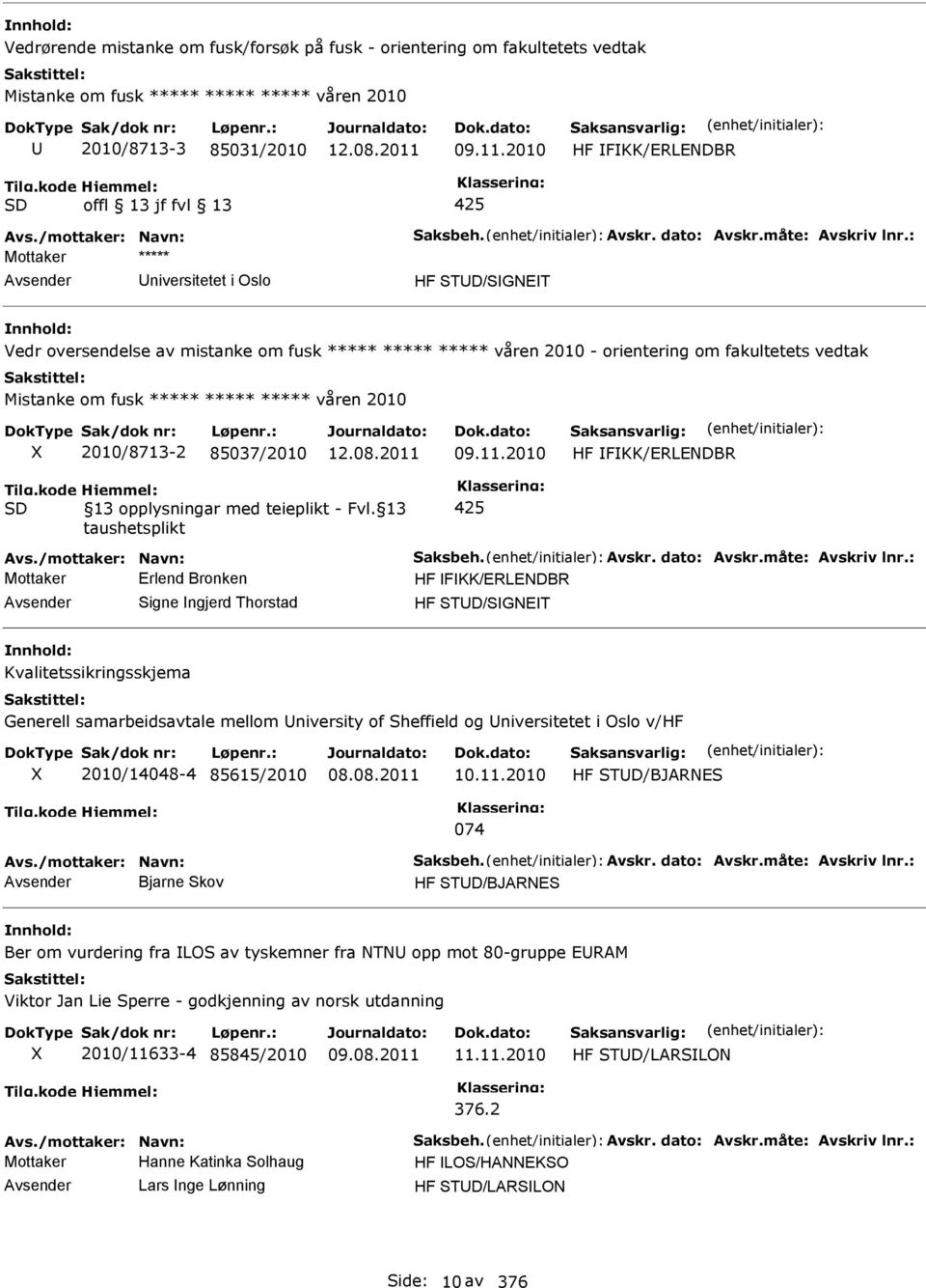 : Mottaker ***** niversitetet i Oslo HF STD/SGNET Vedr oversendelse av mistanke om fusk ***** ***** ***** våren 2010 - orientering om fakultetets vedtak Mistanke om fusk ***** ***** ***** våren 2010