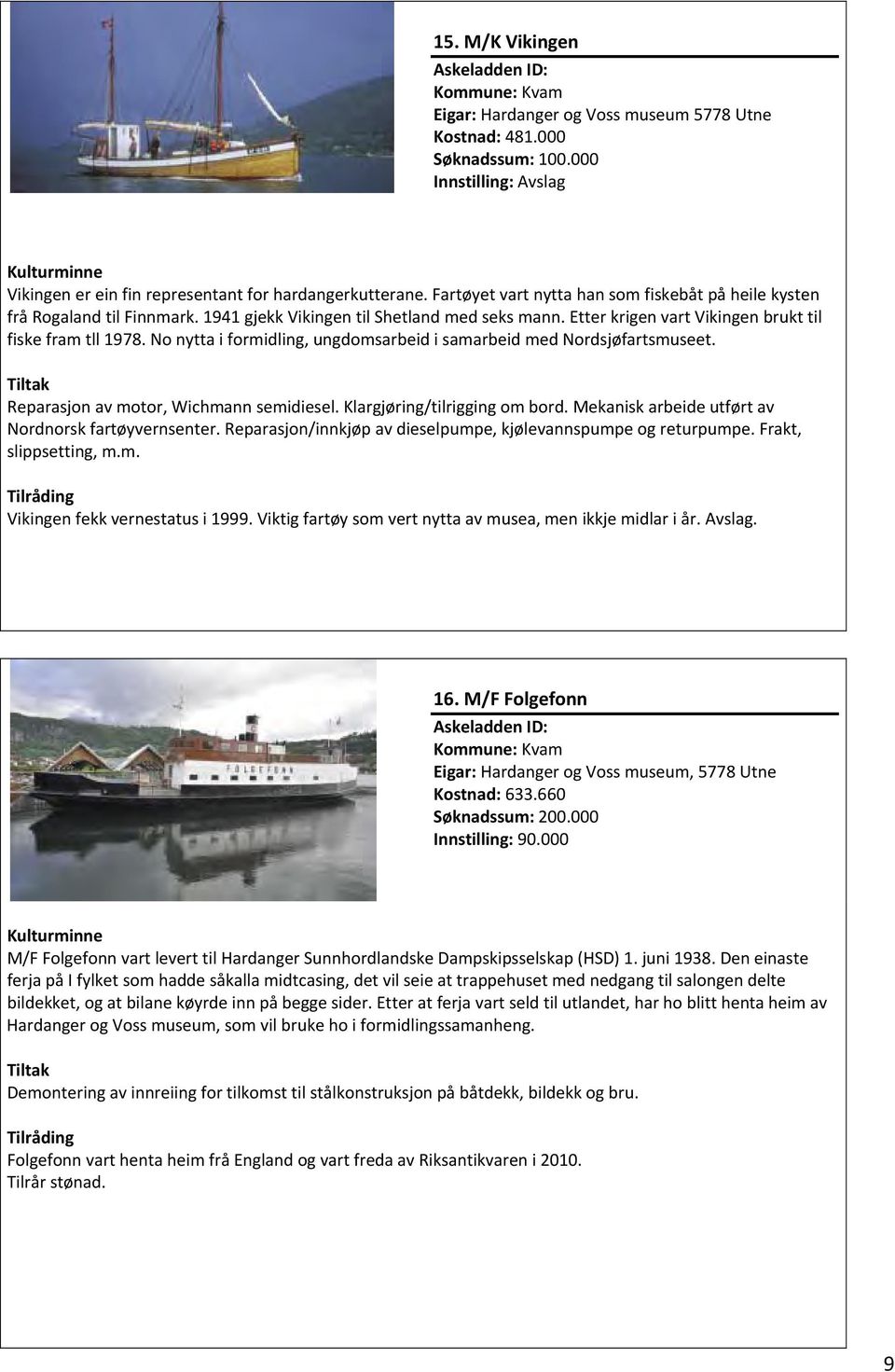 No nytta i formidling, ungdomsarbeid i samarbeid med Nordsjøfartsmuseet. Reparasjon av motor, Wichmann semidiesel. Klargjøring/tilrigging om bord.