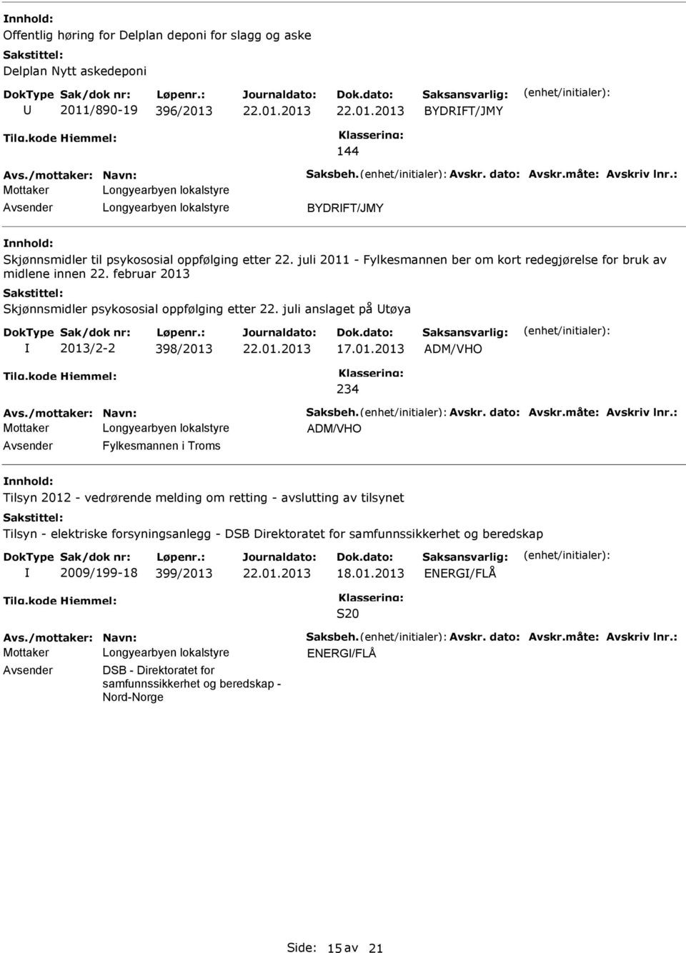 februar 2013 Skjønnsmidler psykososial oppfølging etter 22. juli anslaget på tøya 2013/2-2 398/2013 ADM/VHO 234 Avs./mottaker: Navn: Saksbeh. Avskr. dato: Avskr.måte: Avskriv lnr.