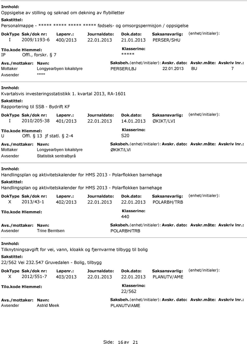 13 jf statl. 2-4 S20 Avs./mottaker: Navn: Saksbeh. Avskr. dato: Avskr.måte: Avskriv lnr.