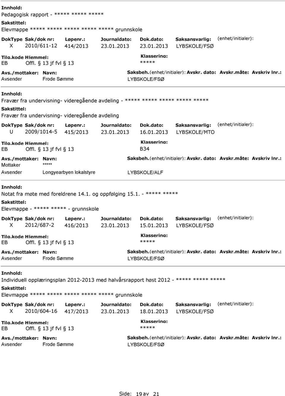 dato: Avskr.måte: Avskriv lnr.: Mottaker LYBSKOLE/ALF Notat fra møte med foreldrene 14.1. og oppfølging 15.1. - Elevmappe - - grunnskole 2012/687-2 416/2013 15.01.2013 Avs.