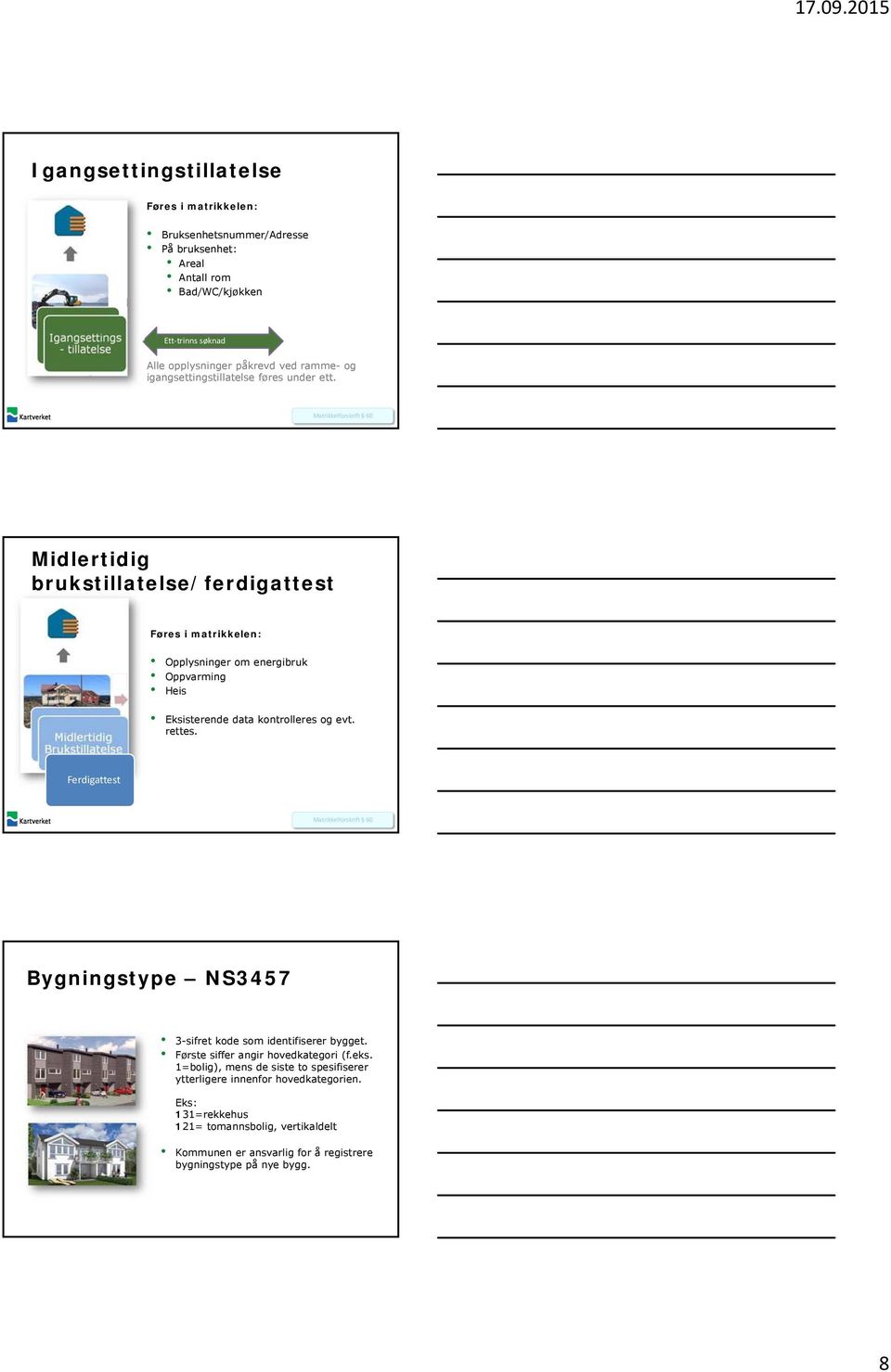 Matrikkelforskrift 60 Midlertidig brukstillatelse/ferdigattest Føres i matrikkelen: Opplysninger om energibruk Oppvarming Heis Eksisterende data kontrolleres og evt. rettes.