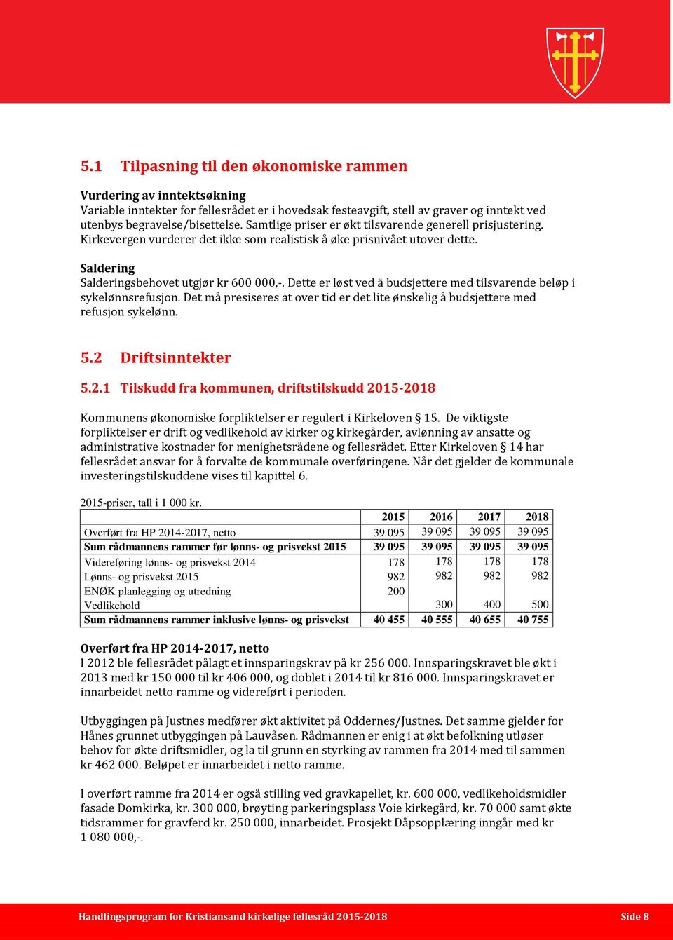 Dette er løst ved å budsjettere med tilsvarende beløp i sykelønnsrefusjon. Det må presiseres at over tid er det lite ønskelig å budsjettere med refusjon sykelønn. 5.2 