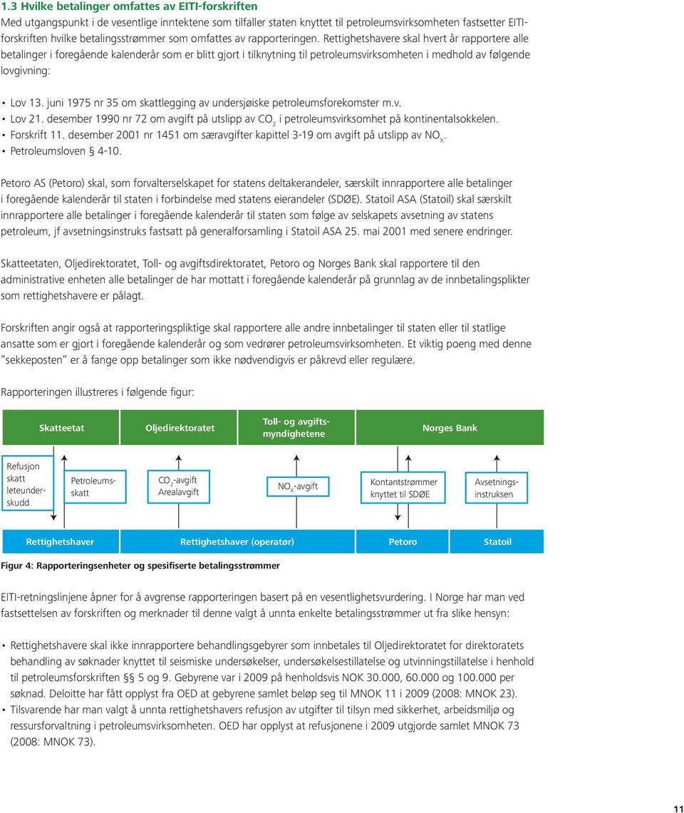 Rettighetshavere skal hvert år rapportere alle betalinger i foregående kalenderår som er blitt gjort i tilknytning til petroleumsvirksomheten i medhold av følgende lovgivning: Lov 13.