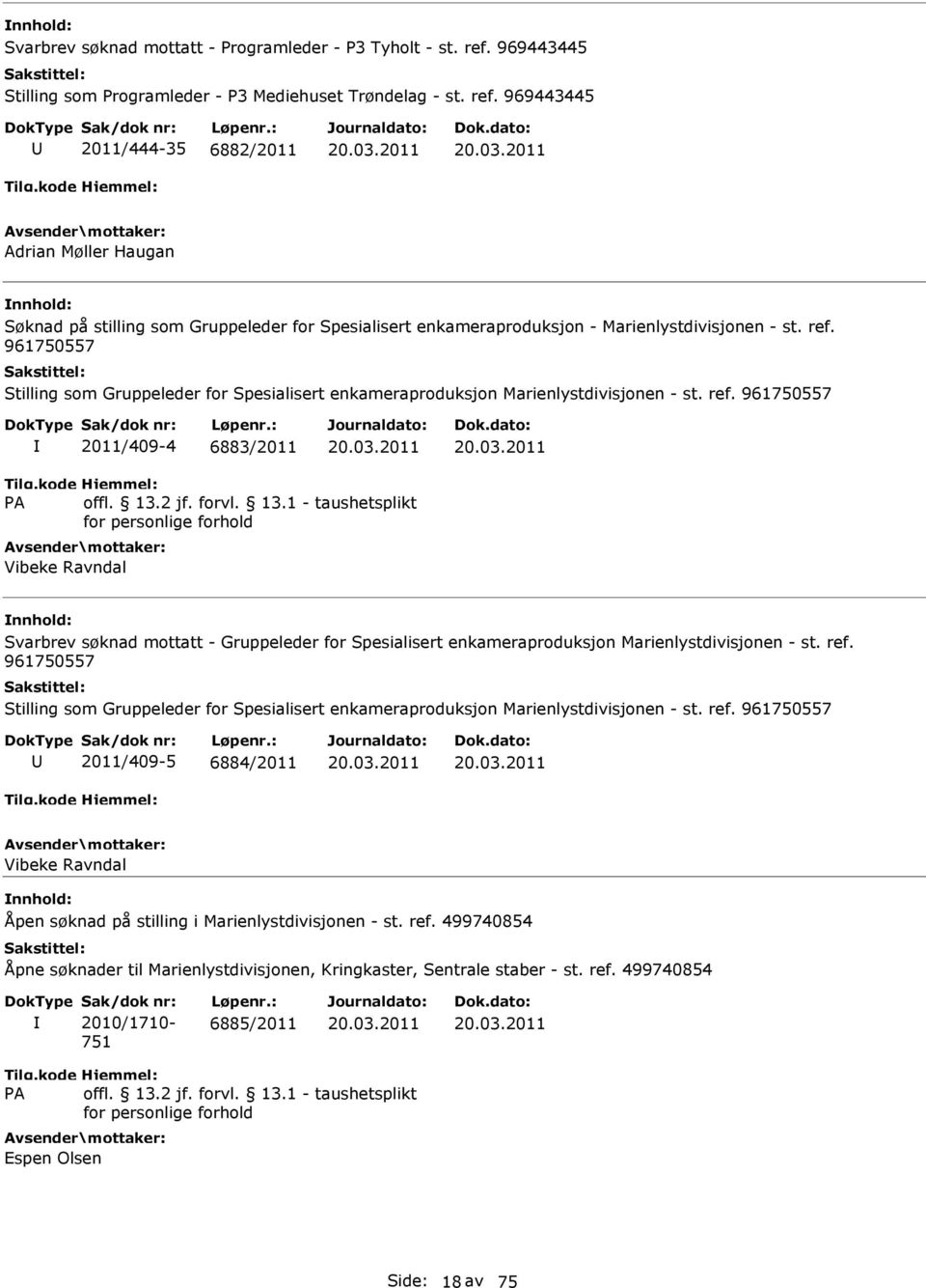 961750557 Stilling som Gruppeleder for Spesialisert enkameraproduksjon Marienlystdivisjonen - st. ref. 961750557 2011/409-4 6883/2011 20.03.