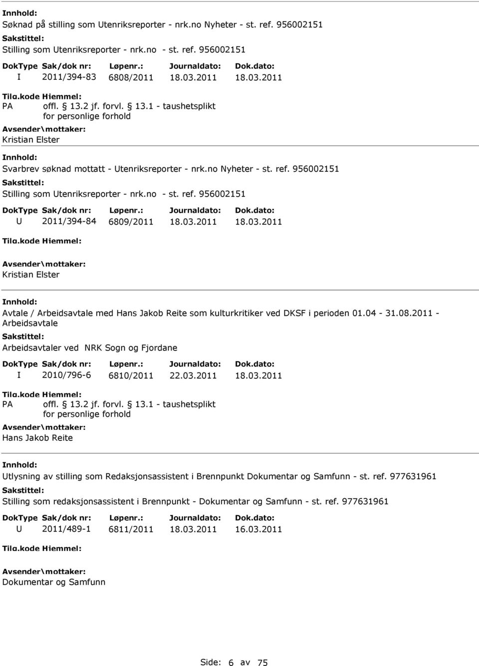 04-31.08.2011 - Arbeidsavtale Arbeidsavtaler ved NRK Sogn og Fjordane 2010/796-6 6810/2011 Hans Jakob Reite tlysning av stilling som Redaksjonsassistent i Brennpunkt Dokumentar og Samfunn - st. ref.