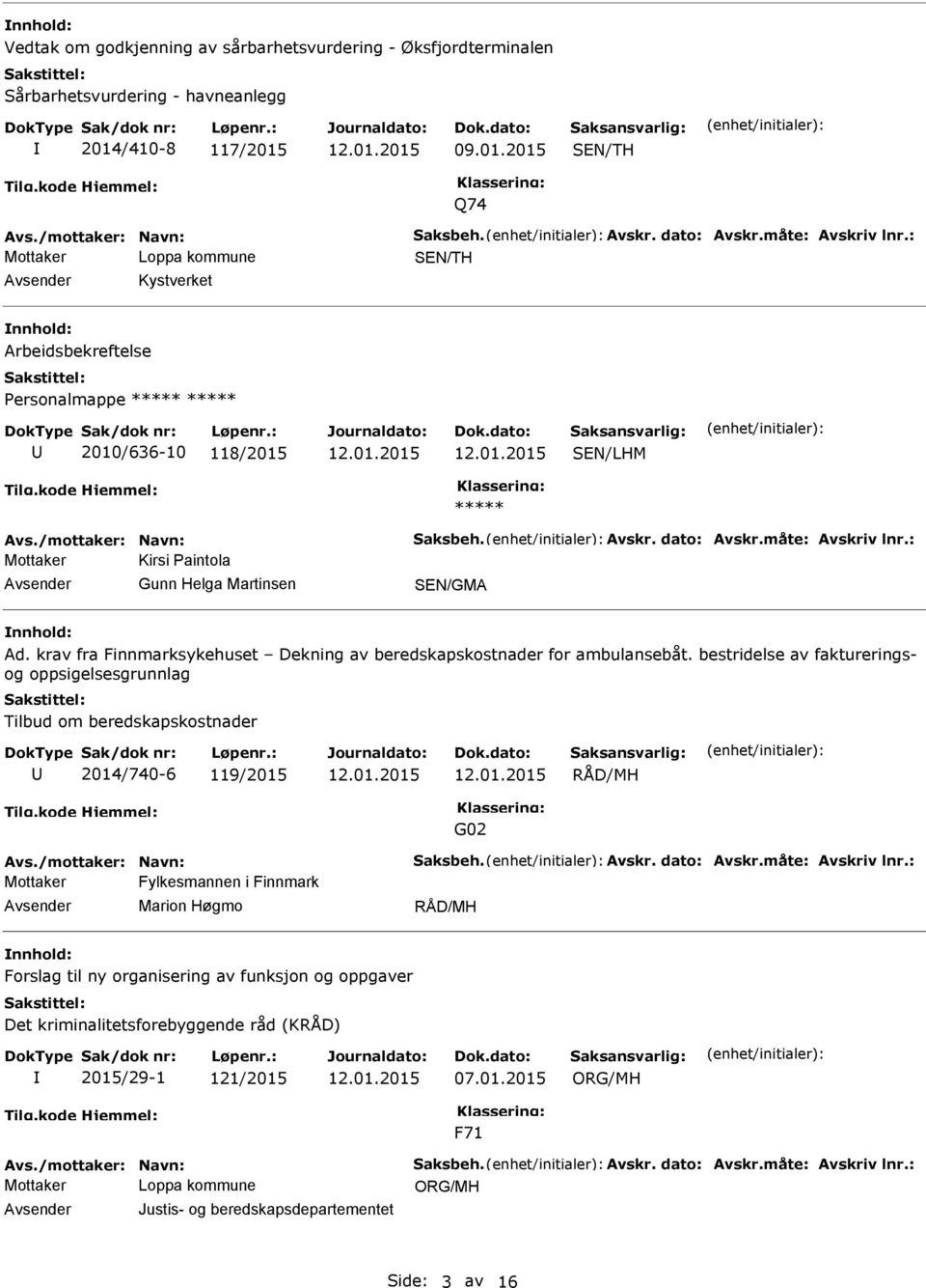 krav fra Finnmarksykehuset Dekning av beredskapskostnader for ambulansebåt. bestridelse av faktureringsog oppsigelsesgrunnlag Tilbud om beredskapskostnader 2014/740-6 119/2015 RÅD/MH G02 Avs.