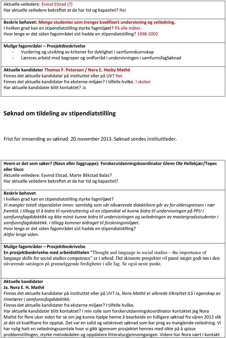 1998-2002 - Vurdering og utvikling av kriterier for dyktighet i samfunnskunnskap - Læreres arbeid med begreper og ordforråd i undervisningen i samfunnsfagsøknad Thomas F. Peterson / Nora E.