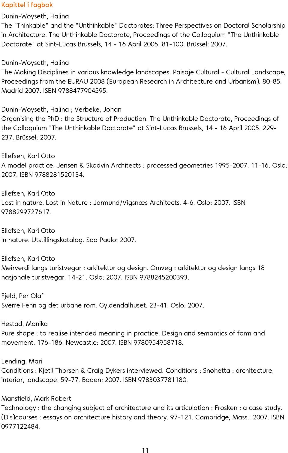 Dunin-Woyseth, Halina The Making Disciplines in various knowledge landscapes. Paisaje Cultural - Cultural Landscape, Proceedings from the EURAU 2008 (European Research in Architecture and Urbanism).