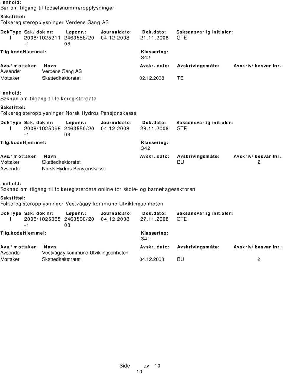 2008 GTE 342 Mottaker Skattedirektoratet BU 2 Avsender Norsk Hydros Pensjonskasse Søknad om tilgang til folkeregisterdata online for skole- og barnehagesektoren