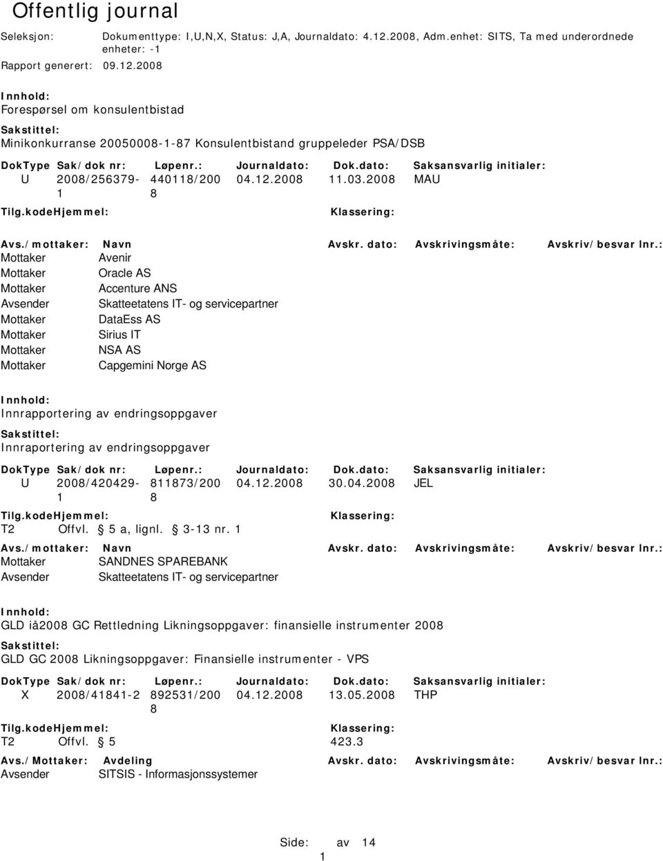 2008 MAU 1 8 Mottaker Avenir Mottaker Oracle AS Mottaker Accenture ANS Mottaker DataEss AS Mottaker Sirius IT Mottaker NSA AS Mottaker Capgemini Norge AS Innrapportering av endringsoppgaver