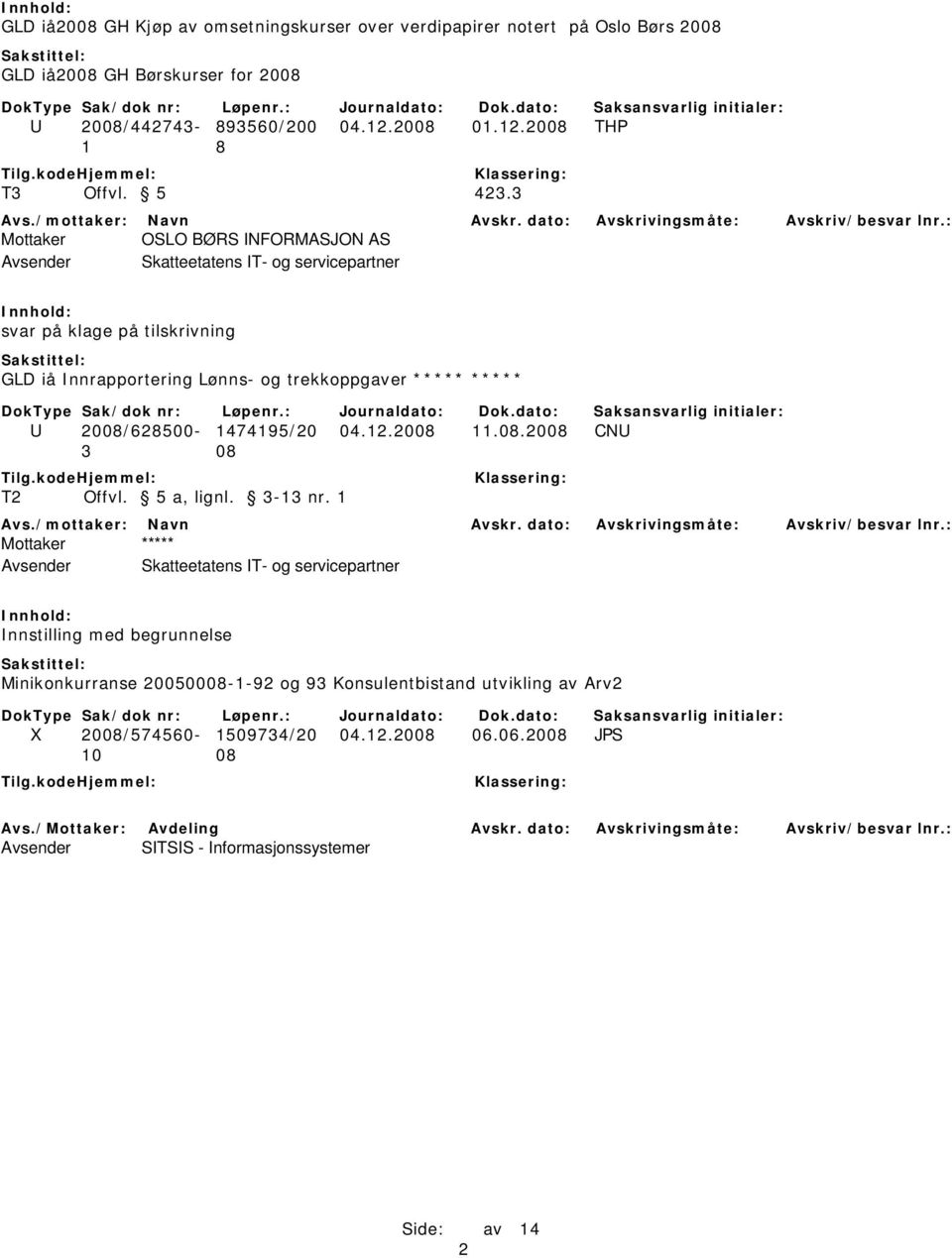 3 Mottaker OSLO BØRS INFORMASJON AS svar på klage på tilskrivning GLD iå Innrapportering Lønns- og trekkoppgaver ***** ***** U 2008/628500-1474195/20