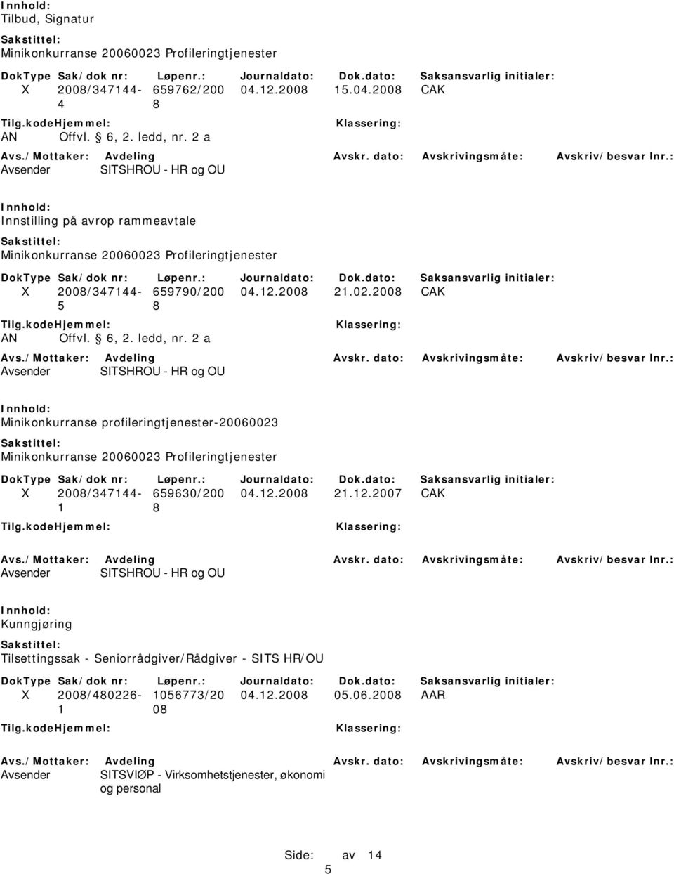 ledd, nr. 2 a Avsender SITSHROU - HR og OU Minikonkurranse profileringtjenester-20060023 Minikonkurranse 20060023 Profileringtjenester X 2008/347144-659630/200 04.12.